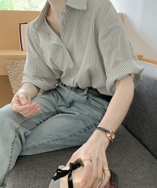 BLANC FICELLE(ブランフィセル)の「半袖 オーバーサイス ストライプ シャツ(シャツ/ブラウス・レディース・オレンジ/グリーン・S/M/L)」の9枚目の写真