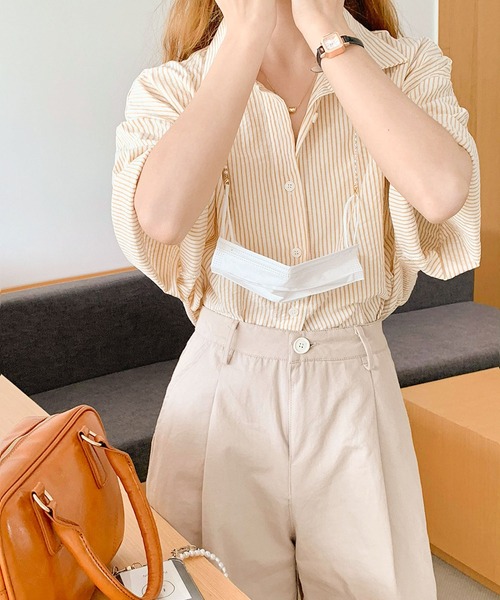 BLANC FICELLE(ブランフィセル)の「半袖 オーバーサイス ストライプ シャツ(シャツ/ブラウス・レディース・オレンジ/グリーン・S/M/L)」の10枚目の写真