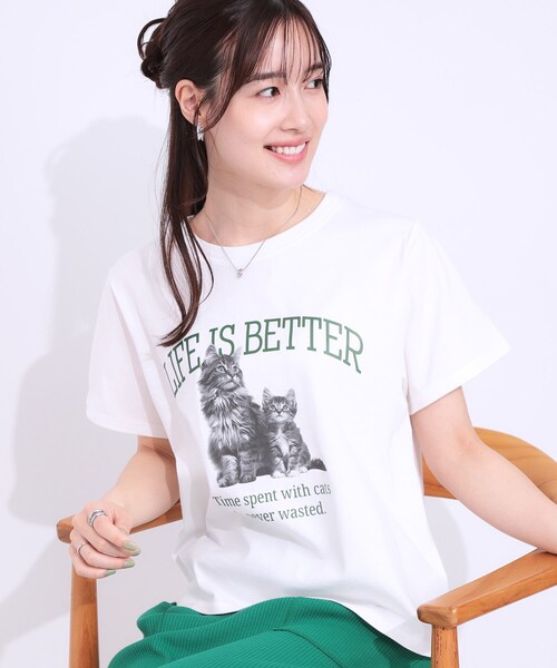 Cutie Blonde(キューティーブロンド)の「【洗える/S-LL】選べる3柄 ベーシックプリントTシャツ(Tシャツ/カットソー・レディース・ブラック系2/グリーン系その他4/ホワイト系1/ホワイト系2/ピンク系/チャコール・01/03/02/04)」の2枚目の写真