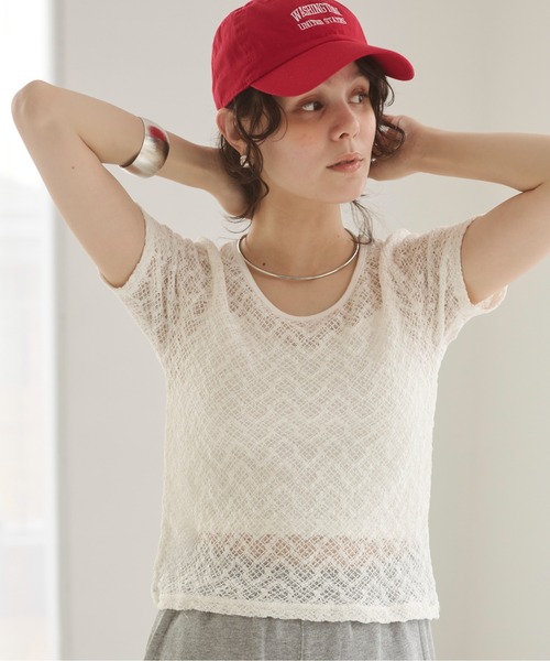 セール】ストレッチレース トップス (半袖）（Tシャツ