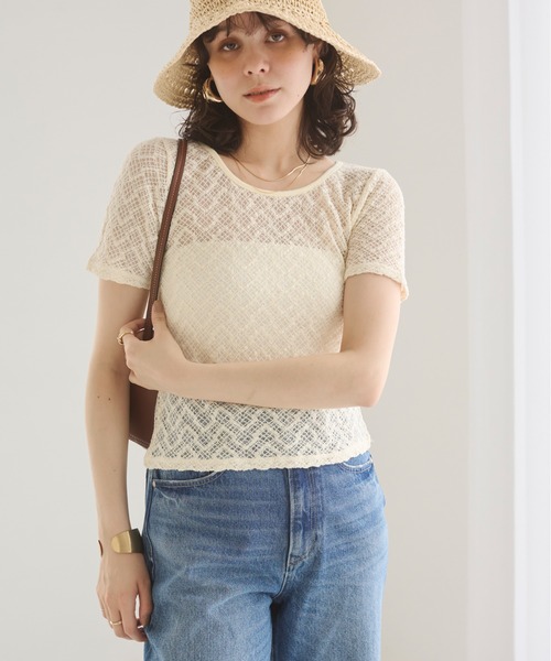 ANGIE(アンジー)の「ストレッチレース シアートップス (半袖)(Tシャツ/カットソー・レディース・ホワイト/アイボリー/ブラック・FREE)」の4枚目の写真
