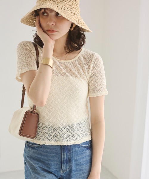 ANGIE(アンジー)の「ストレッチレース シアートップス (半袖)(Tシャツ/カットソー・レディース・ホワイト/アイボリー/ブラック・FREE)」の5枚目の写真