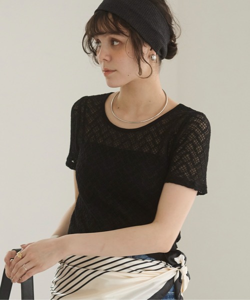 ANGIE(アンジー)の「ストレッチレース シアートップス (半袖)(Tシャツ/カットソー・レディース・ホワイト/アイボリー/ブラック・FREE)」の11枚目の写真
