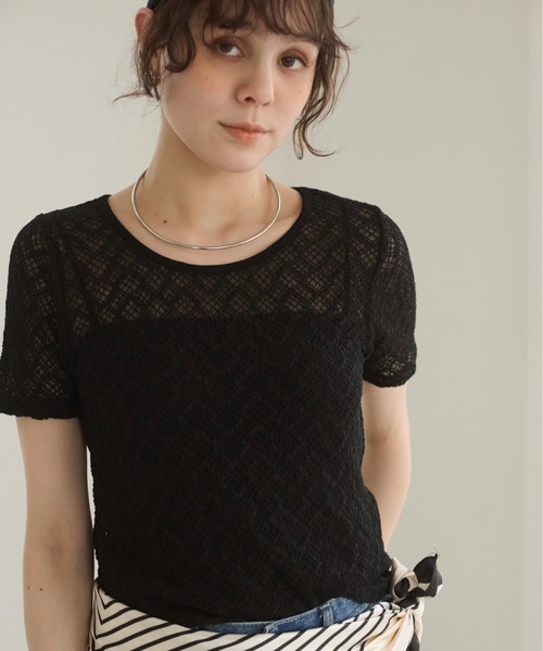 ANGIE(アンジー)の「ストレッチレース シアートップス (半袖)(Tシャツ/カットソー・レディース・ホワイト/アイボリー/ブラック・FREE)」の13枚目の写真