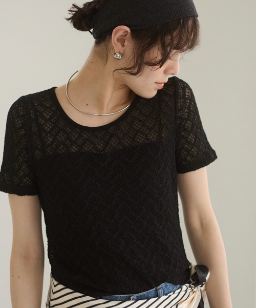 ANGIE(アンジー)の「ストレッチレース シアートップス (半袖)(Tシャツ/カットソー・レディース・ホワイト/アイボリー/ブラック・FREE)」の14枚目の写真