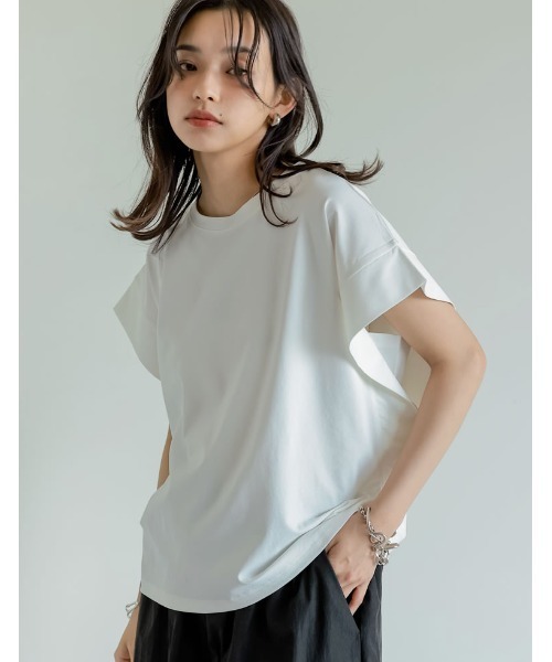 Re:EDIT（リエディ）の「[二の腕カバー]鹿の子フレンチスリーブトップス（Tシャツ/カットソー・レディース・ブラック/オフホワイト/チャコールグレー・LARGE/MEDIUM）」の2枚目の写真