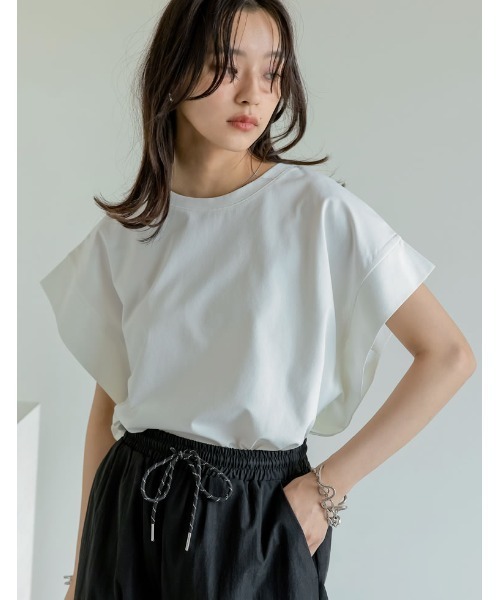 Re:EDIT（リエディ）の「[二の腕カバー]鹿の子フレンチスリーブトップス（Tシャツ/カットソー・レディース・ブラック/オフホワイト/チャコールグレー・LARGE/MEDIUM）」の13枚目の写真