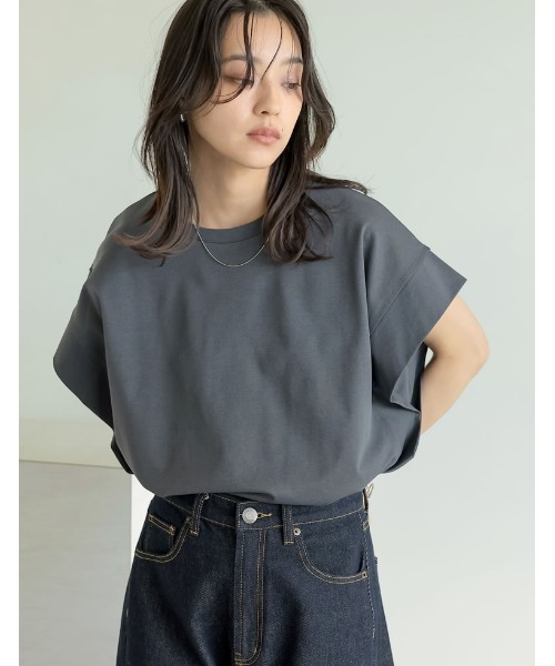 Re:EDIT（リエディ）の「[二の腕カバー]鹿の子フレンチスリーブトップス（Tシャツ/カットソー・レディース・ブラック/オフホワイト/チャコールグレー・LARGE/MEDIUM）」の18枚目の写真