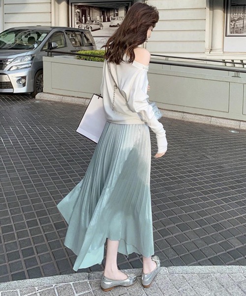 aimoha（アイモハ）の「シルク調　プリーツミディロングスカート　フォーマルにも（スカート・レディース・ベージュ/ブルー/ホワイト・FREE）」の12枚目の写真