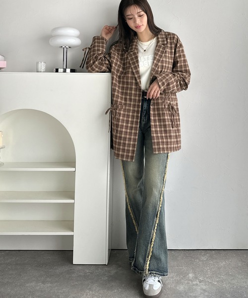 mily bilet(ミウィビレット)の「【mily bilet】今季大本命!お洒落映えリボン付き微起毛チェック柄テーラードジャケット(テーラードジャケット・レディース・チャコールグレー/ブラウン/ブラック・LARGE/X-LARGE/SMALL/MEDIUM)」の14枚目の写真