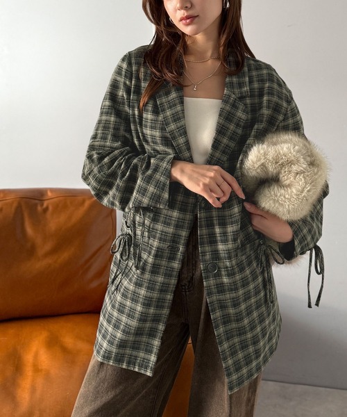 mily bilet(ミウィビレット)の「【mily bilet】今季大本命!お洒落映えリボン付き微起毛チェック柄テーラードジャケット(テーラードジャケット・レディース・チャコールグレー/ブラウン/ブラック・LARGE/X-LARGE/SMALL/MEDIUM)」の7枚目の写真