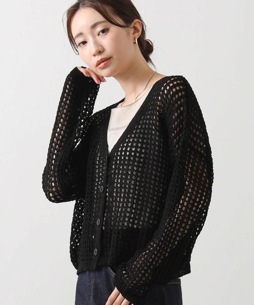 Gready Brilliant(グレディブリリアン)の「メッシュVネックカーディガン(カーディガン/ボレロ・レディース・ベージュ/ブラック・38)」の1枚目の写真