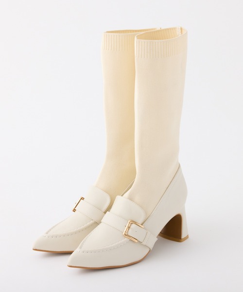 one after another NICE CLAUP（ワンアフターアナザーナイスクラップ）の「ソックスローファーブーツ（ブーツ・レディース・アイボリー/ブラック・M/S/L）」の2枚目の写真