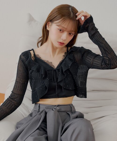 セール】フロントボタンシアーフリルボレロカーディガン（カーディガン
