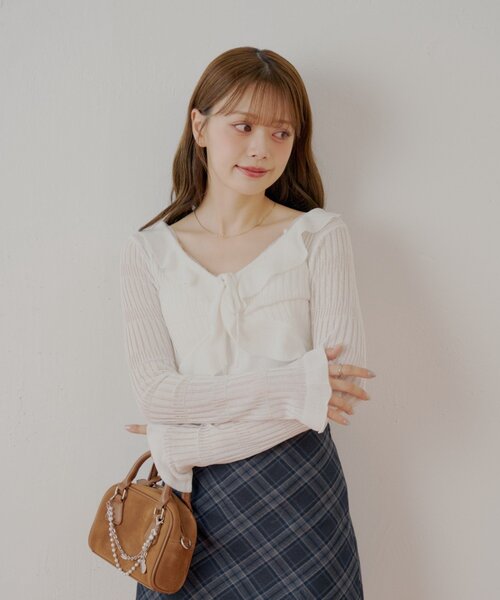 セール】フロントボタンシアーフリルボレロカーディガン