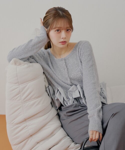 セール】ねじりフリルデザインラメシャギーカーディガン（カーディガン