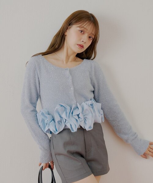 るな様　chico ねじりフリルデザインラメシャギーカーディガン Chico（チコ） カーディガン ねじりフリルデザインラメシャギー