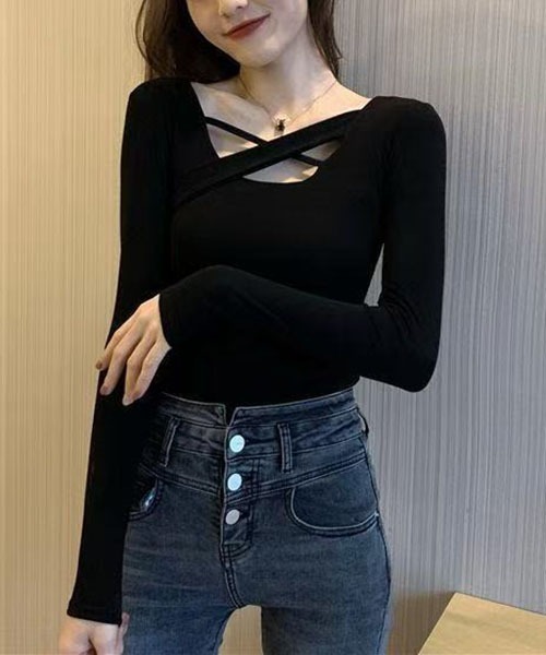 gossip!ロサンゼルス(ゴシップロサンゼルス)の「クロスデザイン タイトフィットトップス(Tシャツ/カットソー・レディース・ブラウン/ホワイト/ブラック・M/S)」の7枚目の写真
