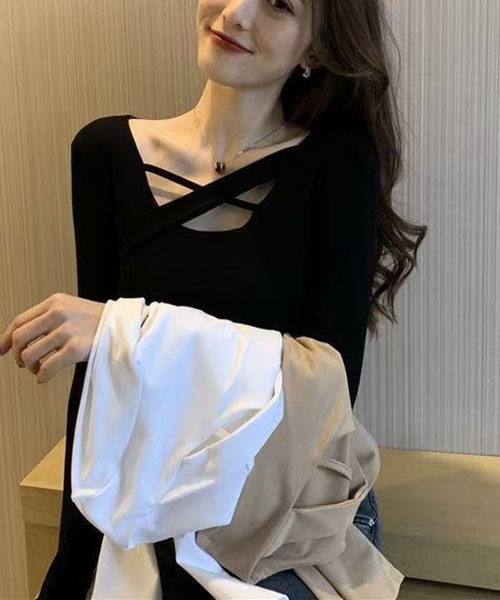 gossip!ロサンゼルス(ゴシップロサンゼルス)の「クロスデザイン タイトフィットトップス(Tシャツ/カットソー・レディース・ブラウン/ホワイト/ブラック・M/S)」の8枚目の写真