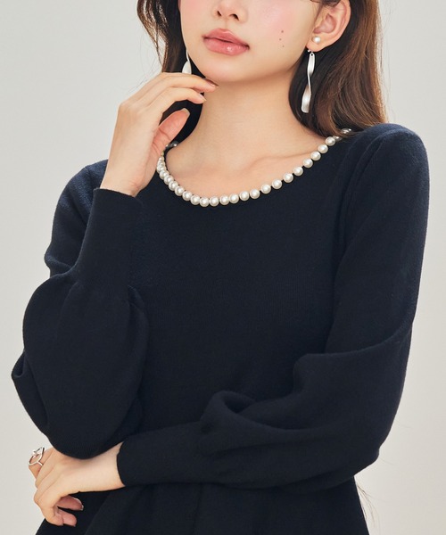 パール付きニットブルゾン　新品未使用タグ付き 襟付きハイゲージ編みニットプルオーバーsdpxyf6301 グレー