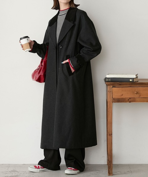 セール】襟コーデュロイリバーメルトンロングコート（チェスターコート
