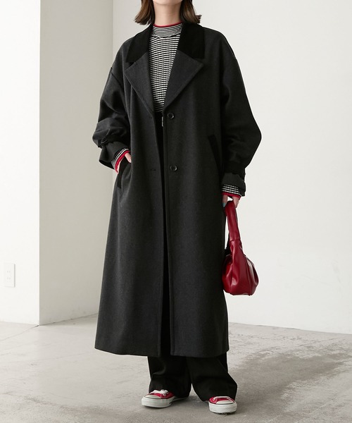 セール】襟コーデュロイリバーメルトンロングコート（チェスターコート