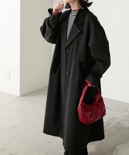 セール】襟コーデュロイリバーメルトンロングコート（チェスターコート