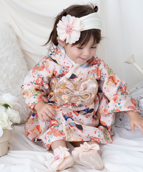 SweetMommy（スウィートマミー）の「3WAY ちりめん　2ピースベビー着物　[ひな祭り] [お誕生日 記念日 お食い初め お宮参り 七五三]（着物・キッズ・オレンジ・90/80/50-70）」の3枚目の写真