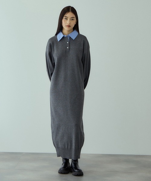 VICKY（ビッキー）の「シャツポロカラーニットワンピース≪手洗い可能≫（ワンピース・レディース・ブラック/ダークグレー・M）」の2枚目の写真