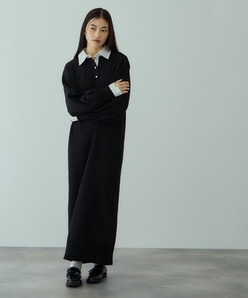 VICKY（ビッキー）の「シャツポロカラーニットワンピース≪手洗い可能≫（ワンピース・レディース・ブラック/ダークグレー・M）」の18枚目の写真