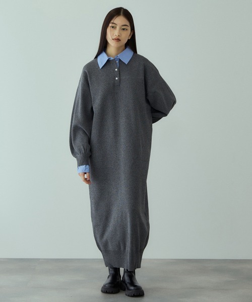 VICKY（ビッキー）の「シャツポロカラーニットワンピース≪手洗い可能≫（ワンピース・レディース・ブラック/ダークグレー・M）」の14枚目の写真