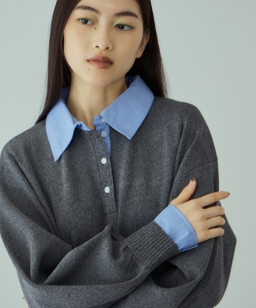 VICKY（ビッキー）の「シャツポロカラーニットワンピース≪手洗い可能≫（ワンピース・レディース・ブラック/ダークグレー・M）」の12枚目の写真