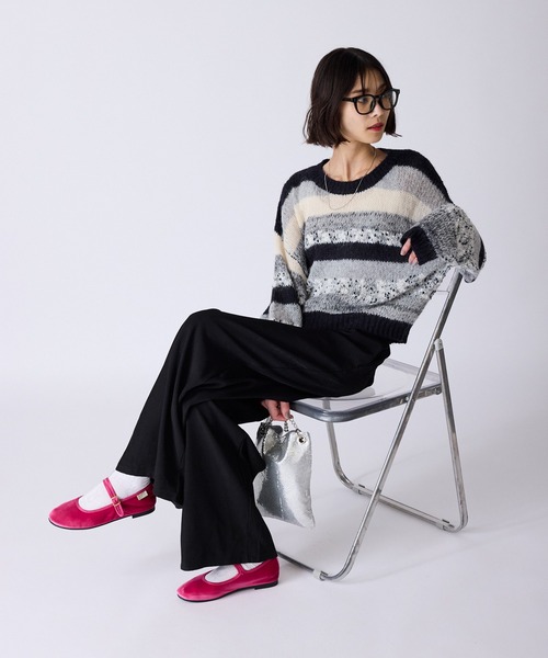 AO2（アオズ）の「Multi-Border Design Crew Neck Knit / マルチボーダーデザイン クルーネックデザインニット（ニット/セーター・レディース・アイボリー/グレー系/ブラウン系・FREE）」の5枚目の写真