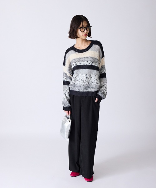 AO2（アオズ）の「Multi-Border Design Crew Neck Knit / マルチボーダーデザイン クルーネックデザインニット（ニット/セーター・レディース・アイボリー/グレー系/ブラウン系・FREE）」の10枚目の写真