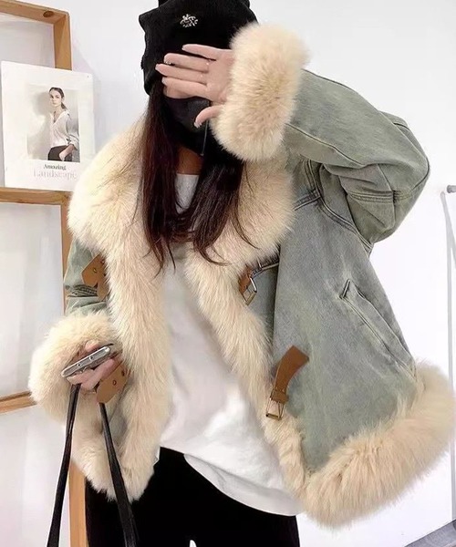 グリンチ　マックスマーラ　デニムリアルファーライダースジャケット　38 グリンチ マックスマーラ デニムリアルファーライダースジャケット 38