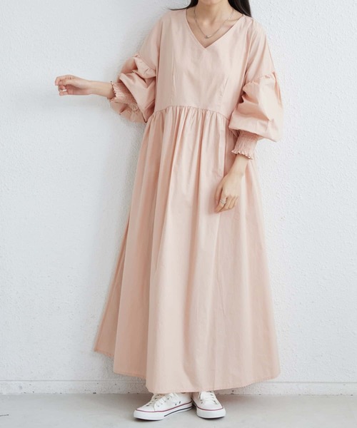セール】Vネックルーズシルエット長袖ボリュウーロングワンピース
