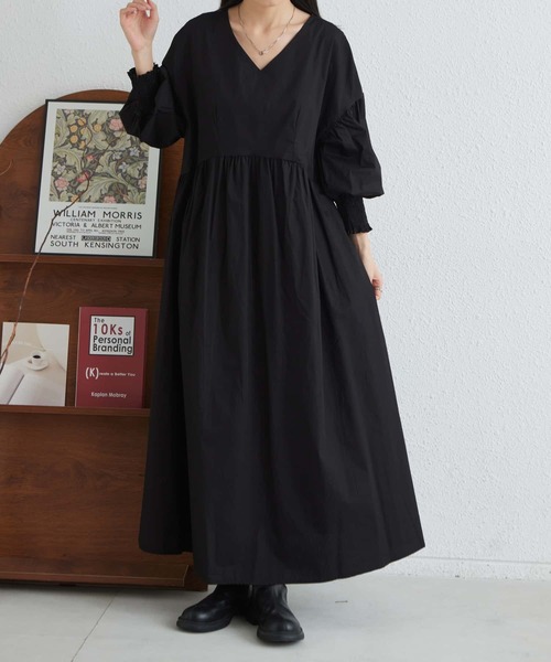 セール】Vネックルーズシルエット長袖ボリュウーロングワンピース