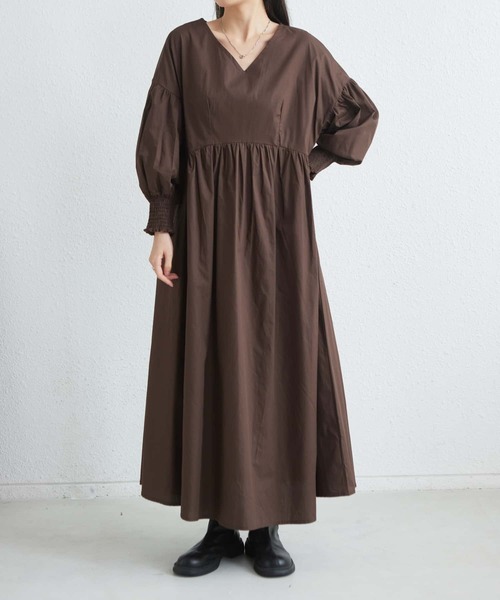 セール】Vネックルーズシルエット長袖ボリュウーロングワンピース