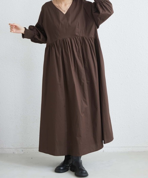 セール】Vネックルーズシルエット長袖ボリュウーロングワンピース