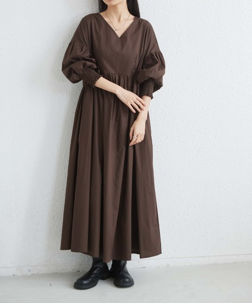 セール】Vネックルーズシルエット長袖ボリュウーロングワンピース