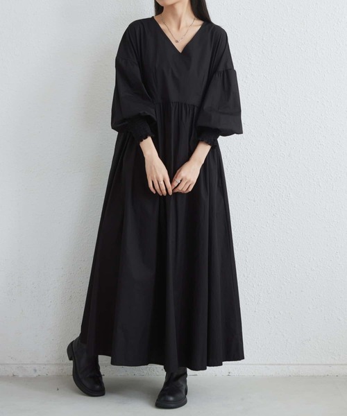 セール】Vネックルーズシルエット長袖ボリュウーロングワンピース