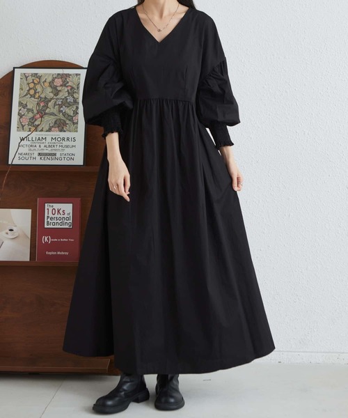 セール】Vネックルーズシルエット長袖ボリュウーロングワンピース