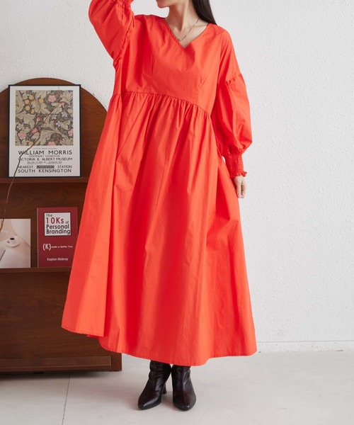 セール】Vネックルーズシルエット長袖ボリュウーロングワンピース