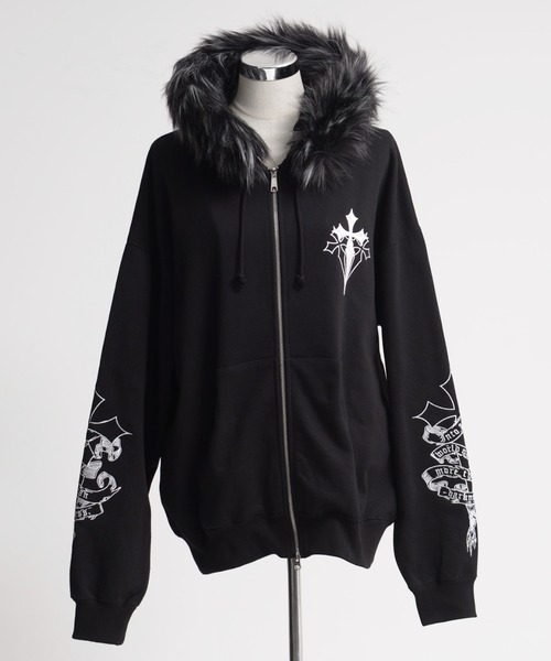 REFLEM/レフレム』ファー付きクロス刺繍ZIPパーカー/ジップアップ