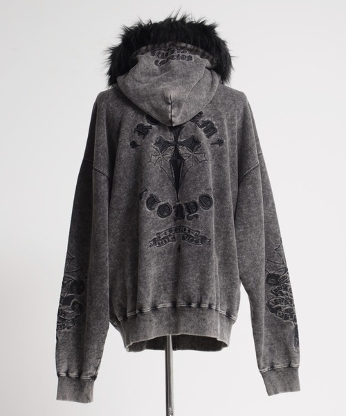 REFLEM/レフレム』ファー付きクロス刺繍ZIPパーカー/ジップアップ