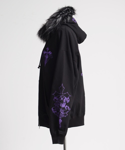 REFLEM/レフレム』ファー付きクロス刺繍ZIPパーカー/ジップアップ