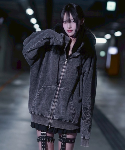 REFLEM/レフレム』ファー付きクロス刺繍ZIPパーカー/ジップアップ