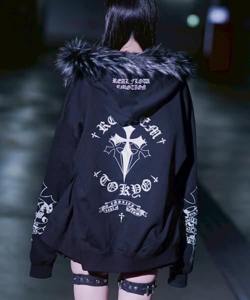 REFLEM/レフレム』ファー付きクロス刺繍ZIPパーカー/ジップアップ