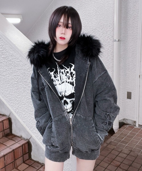 REFLEM/レフレム』ファー付きクロス刺繍ZIPパーカー/ジップアップ