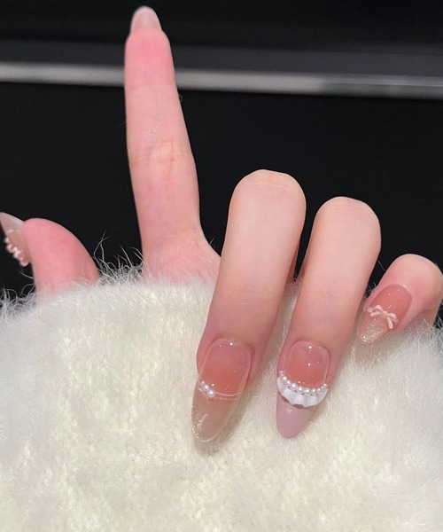 ガーリー リボン フリル フレンチ ネイルチップ（ネイルシール/ネイル
